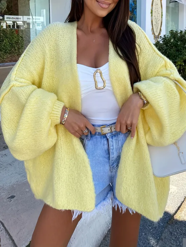 Autumn And Winter New Lantern Sleeve Outer Match Knitted Cardigan Women's Korean Style Lazy Style Bark Texture Sweater Baggy Coat Yellow - Shop at LoveMi