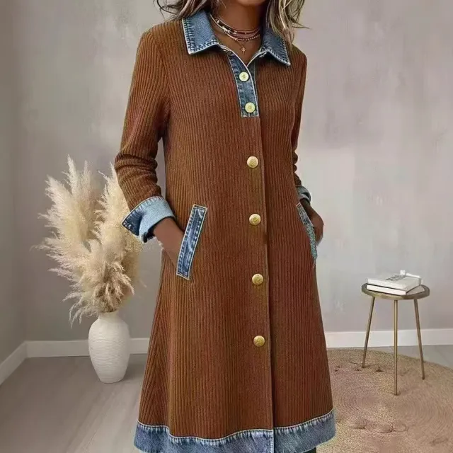 Womens Buttoned Long Sleeve Corduroy Patchwork Denim Dress Coffee - Shop at LoveMi