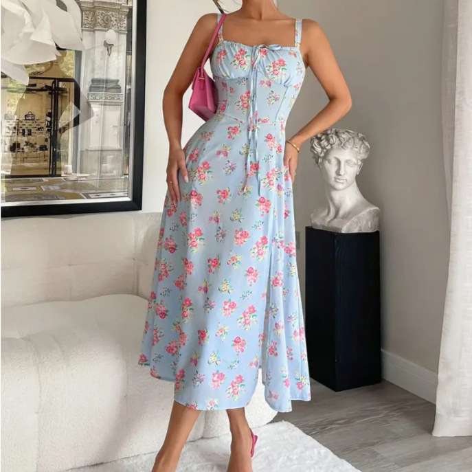 Women's Chest Strap Long Sexy Split Sling Floral Dress