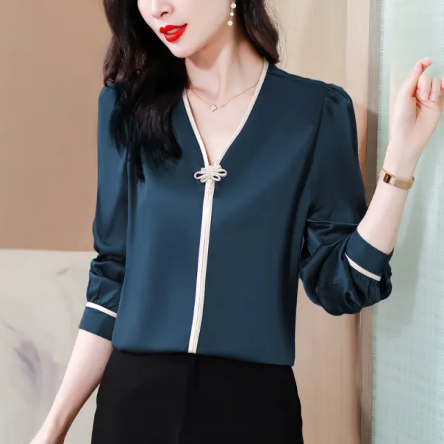 Loose Pullover Shirt V neck Top Blue - Shop at LoveMi