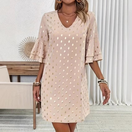 Elegant V-Neck Flared-Sleeve Polka-Dot Gold-Stamped Womens Dress