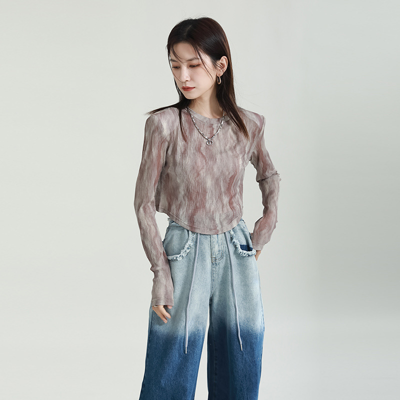 Women's Fashion Gradient Printing Blooming Stitching Irregular Crew Neck Mesh Bottoming Shirt