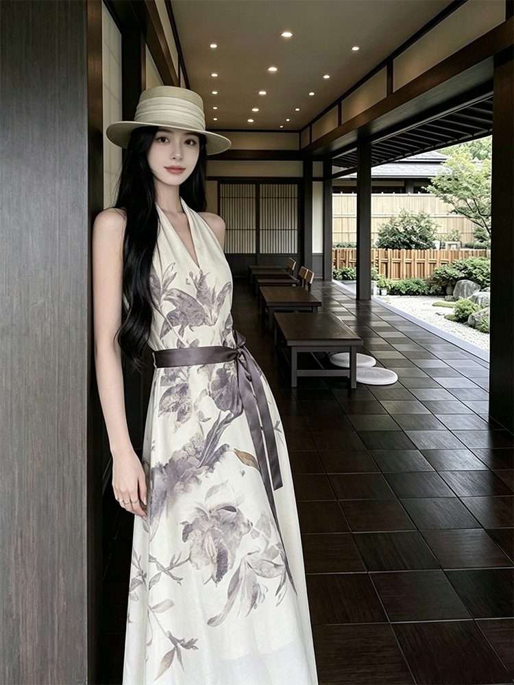 New Chinese-style V-neck Halter-neck Sleeveless Vest Dress 3d360121 63ee 44c1 995f 41c2293dd405