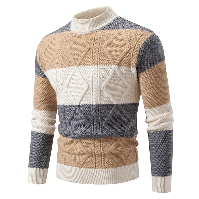 Fall Winter Men Color Matching Rhombus Twisted Sweater