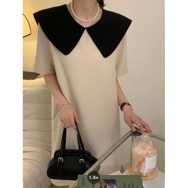 Non-mainstream Style Bow Slimming Tea Dress Contrast-color Doll Collar Dress Front And Back Wearable