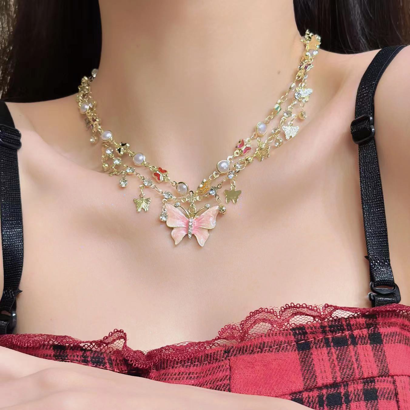 Double-layer Twin Pearl Oil Dripping Butterfly Necklace