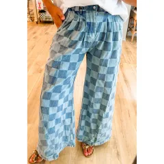Trendy Chessboard Plaid Printed Jeans Women's Loose - Lc7875123 Light Blue - View 1