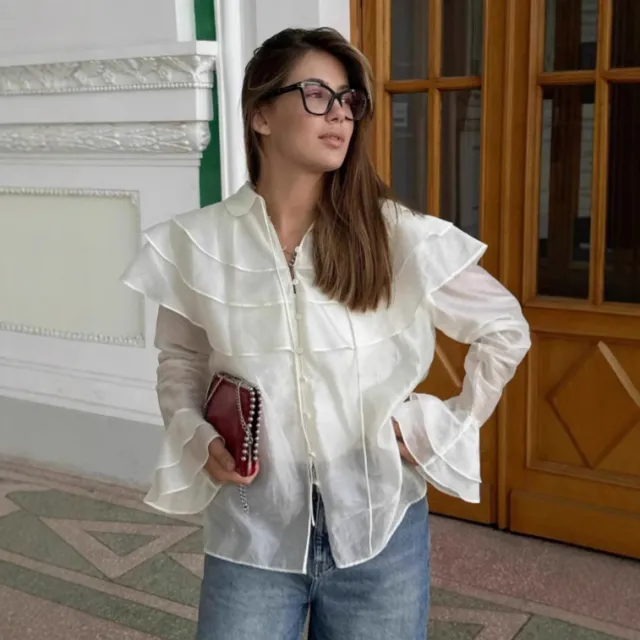 White Ruffled Flare Sleeve Tencel Shirt White - Shop at LoveMi