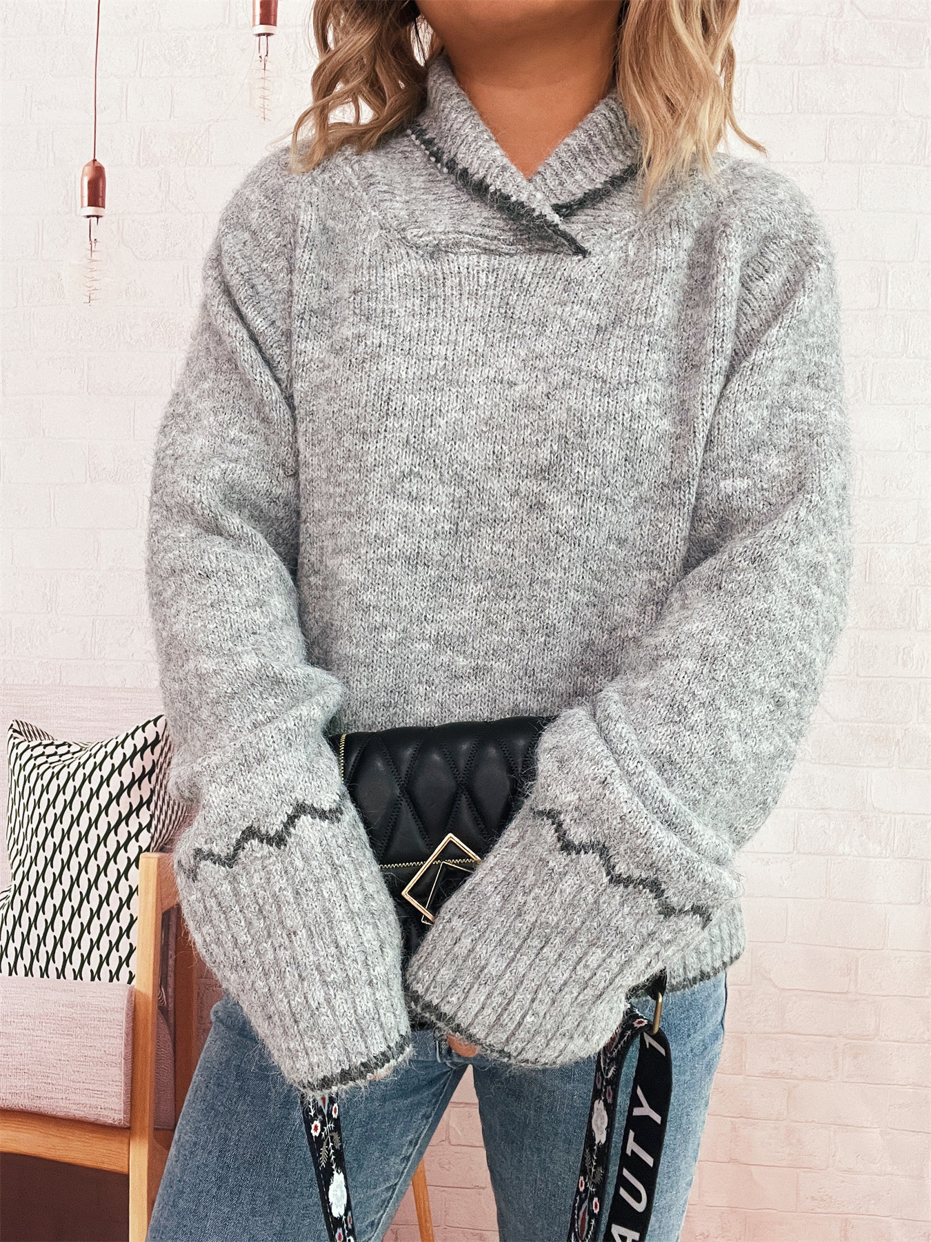 Simple Commute Half Turtleneck Lapel Contrast Color Knitted Pullover Sweater