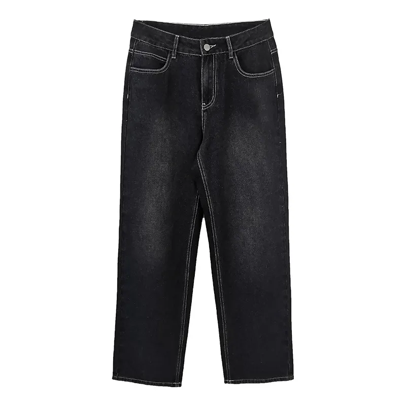 High Waist Straight Pants Washed Trousers Cotton Denim Women's Jeans - With No Printed Patterns-Xl