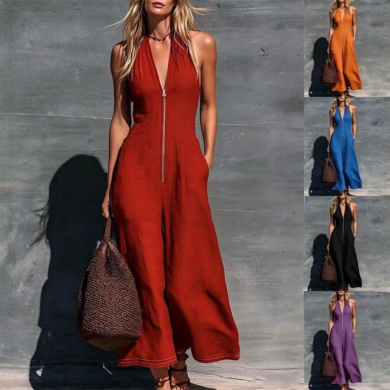 Women's Solid-Color V-Neck Sleeveless Casual Loose-Fit Wide-Leg Jumpsuit