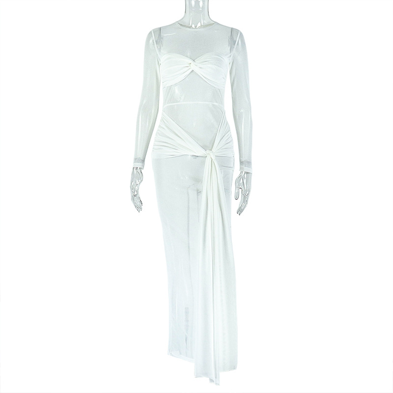 Pleated Tie neck Solid Color Long Dress White - Shop at LoveMi