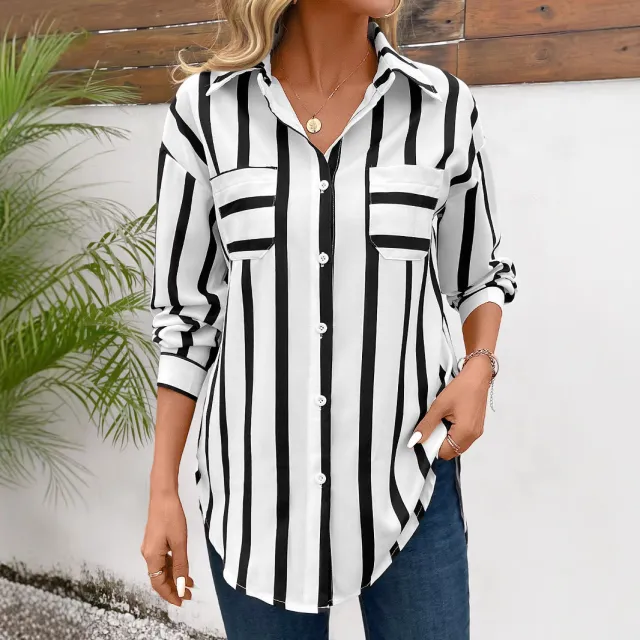 Fashion Vertical Stripes Multi color Shirt Coat Women Black - Shop at LoveMi