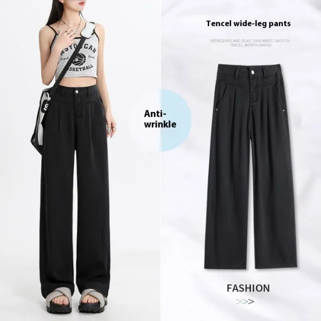 Thin New High Waist Straight Wide Leg Ice Silk Leggings Women Black Trousers - Shop at LoveMi