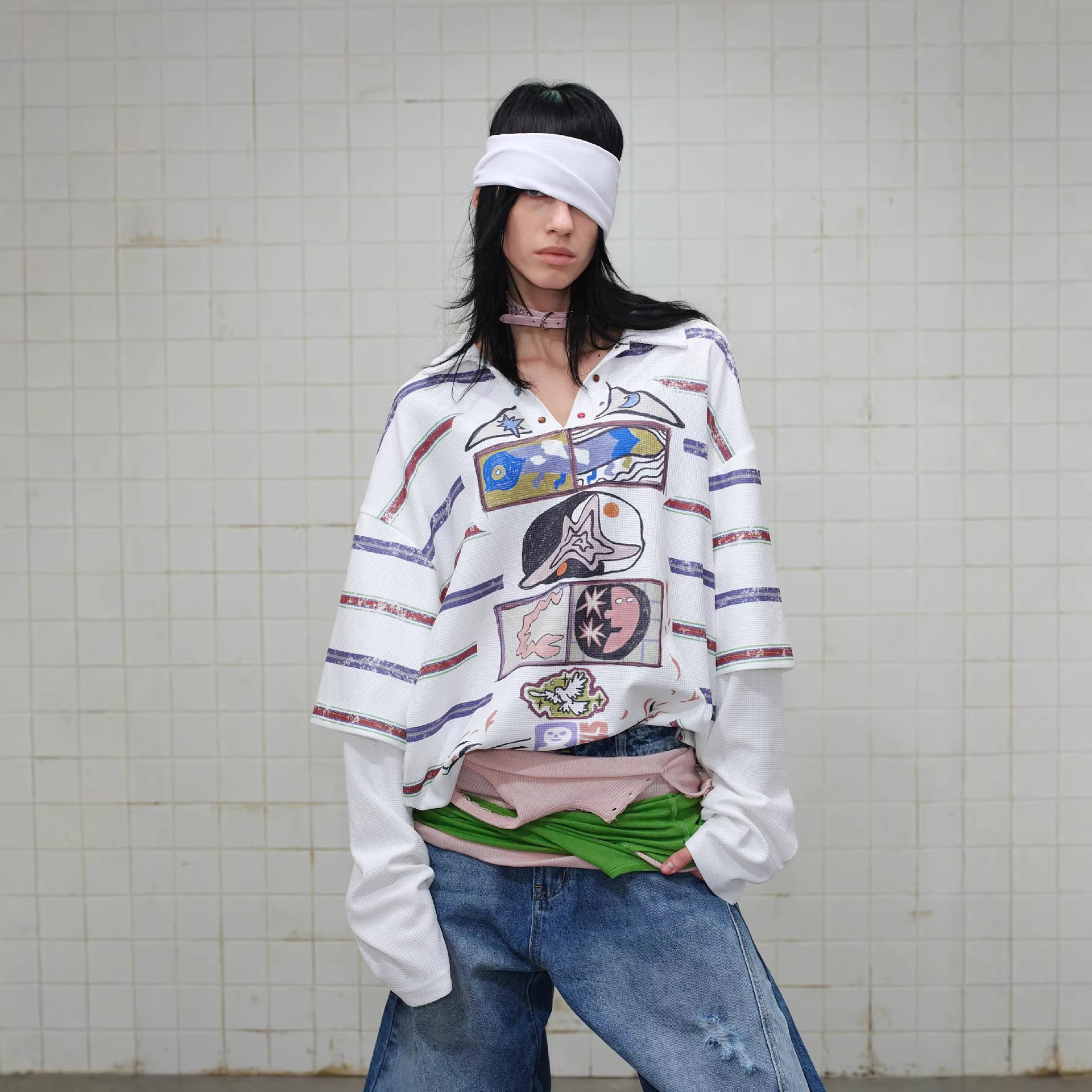 Fake Two-Piece Printed Striped Shirt Hoodie Trendy Versatile Top For Couples Men And Women