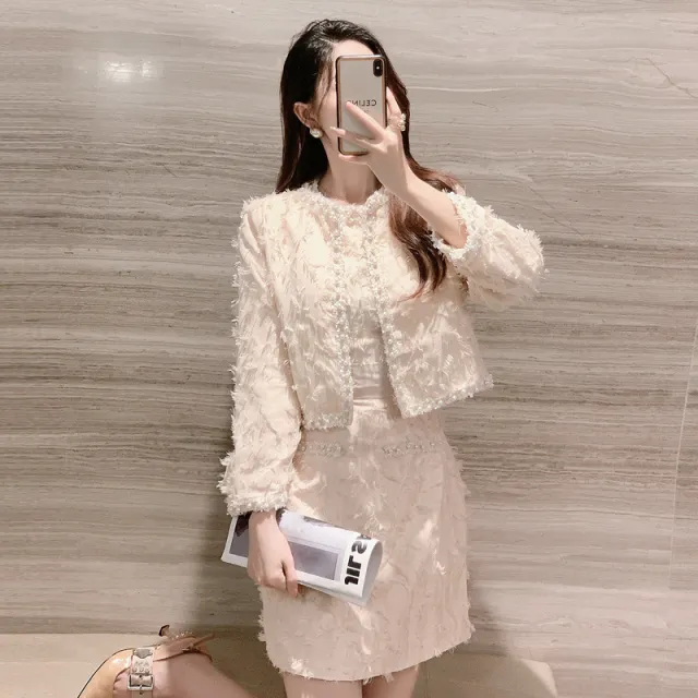 Heavy Industry Beads Short Coat Slim Vest Skirt Two piece Set Apricot - Shop at LoveMi