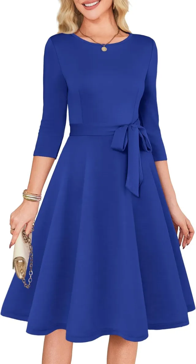 New Solid Color Cocktail Dress With 34 Sleeves, Vintage Style, Elegant Round Neck Gown For Wedding Guests Blue - Shop at LoveMi