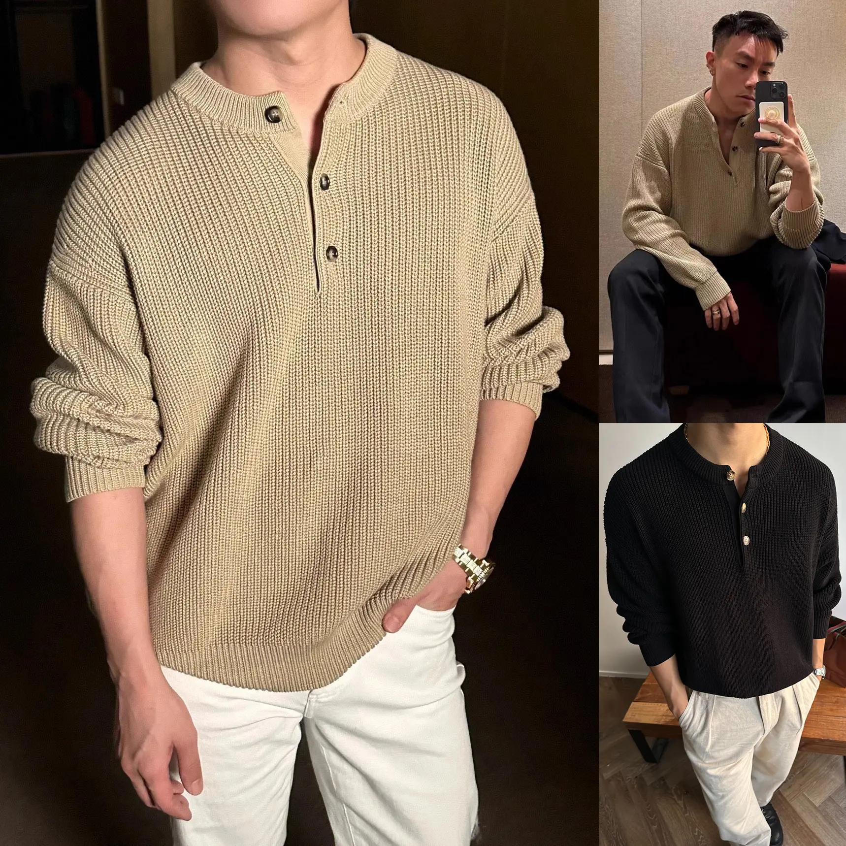 Mens Chunky Solid-Color Sweater
