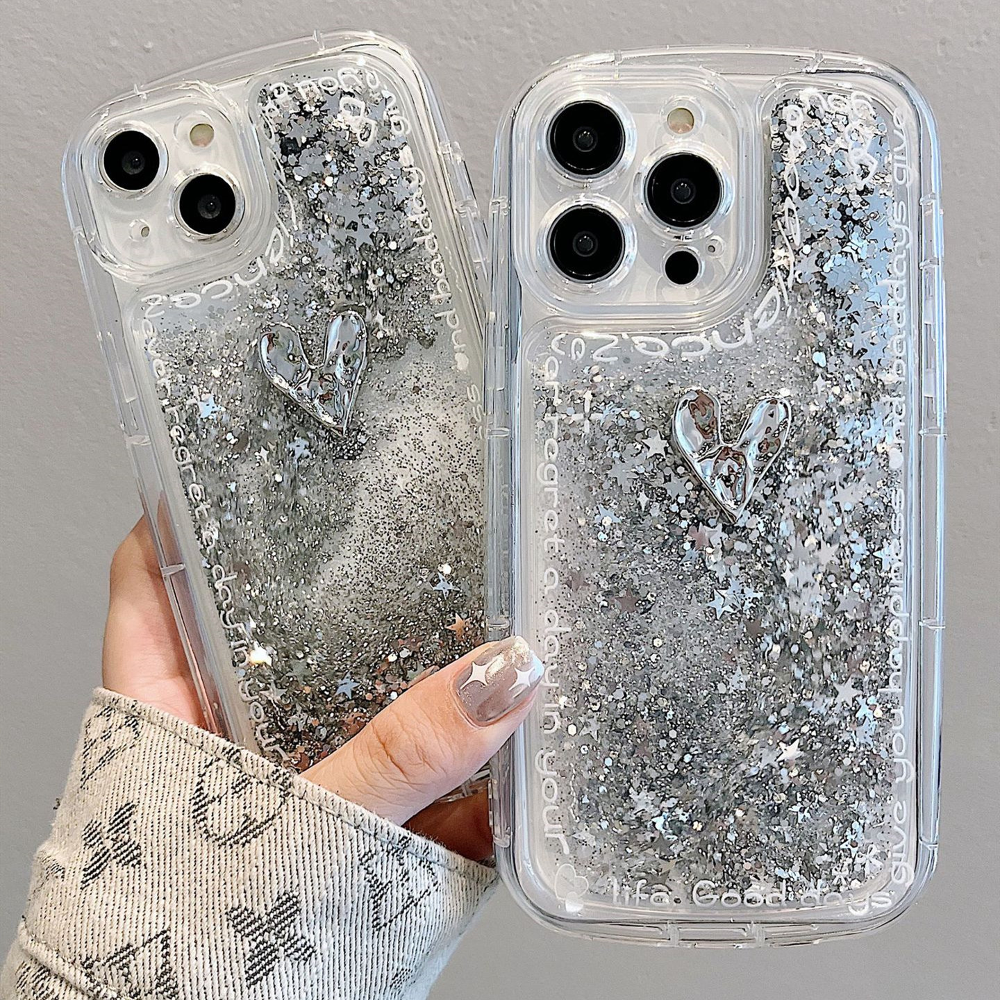 Funda de arena movediza con diseño de amor plateado