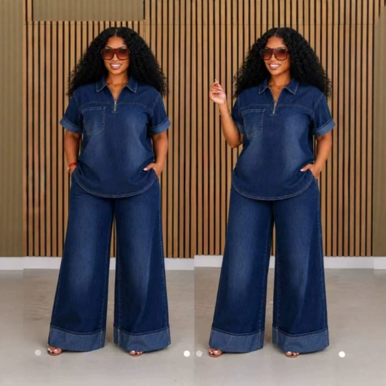 Plus-size Loose-fit Solid-color Wide-leg Pants And Denim Short-sleeve Two-piece Set For Women