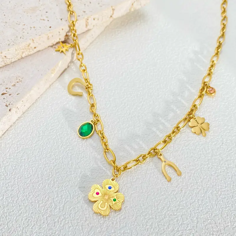 European And American Titanium Steel Necklace Female Ginkgo Leaf Letters Emerald Zircon