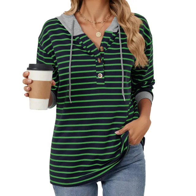 Striped Color Contrast Patchwork Hooded Long Sleeve Loose Sweatshirt Women Navy - Shop at LoveMi