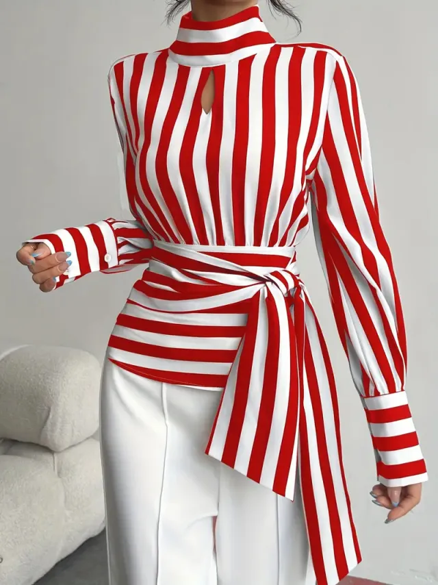 Vintage Scarf Neck Long Sleeve Elegant Shirt For Women Red - Shop at LoveMi