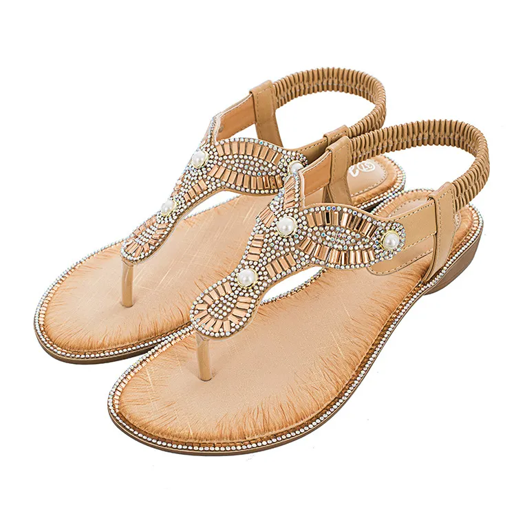 Flip Toe Sandals Round Toe Pearl Large Size For Women - Apricot
