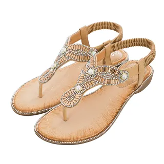 Flip Toe Sandals Round Toe Pearl Large Size For Women - Apricot