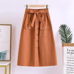 Summer New Artistic Solid Color Buttons Mid-length Skirt Mori Girl Elastic Waist Cotton And Linen A- Line Skirt - Orange - View 1