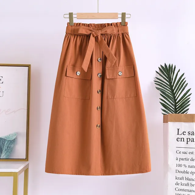 Summer New Artistic Solid Color Buttons Mid length Skirt Mori Girl Elastic Waist Cotton And Linen A Line Skirt Orange - Shop at LoveMi