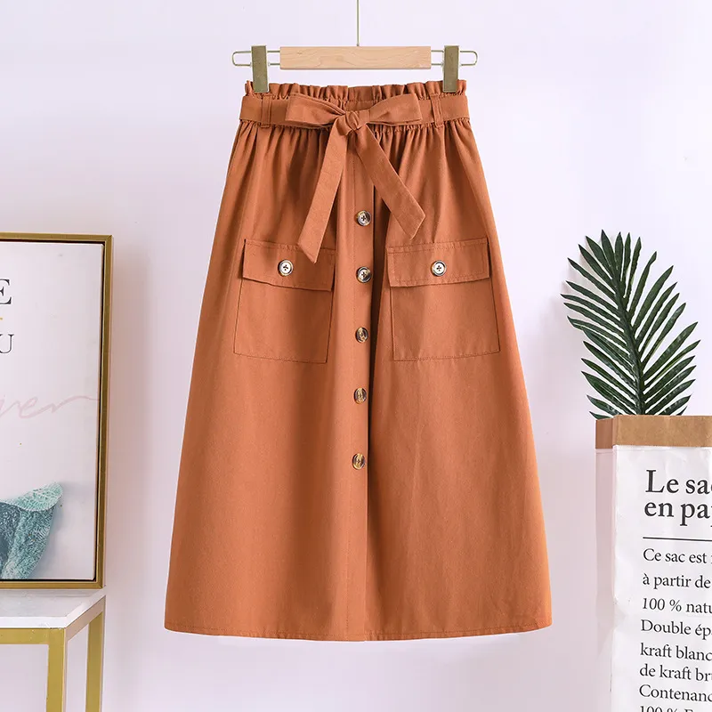 Summer New Artistic Solid Colour Buttons Mid-length Skirt Mori Girl Elastic Waist Cotton And Linen A- Line Skirt - Orange