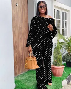 Polka Dot Printed Long-sleeved Trousers Casual Fashion Loose Shoulder Suit - Black - View 1