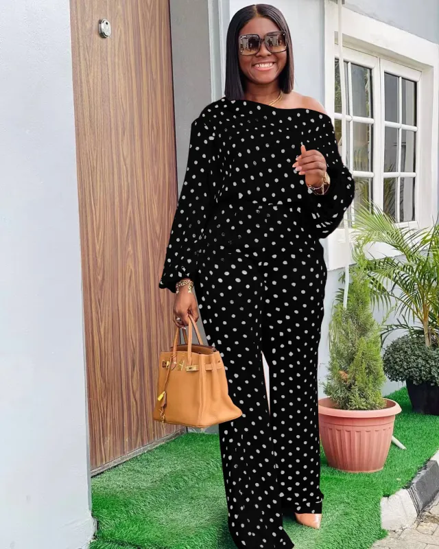 Polka Dot Printed Long sleeved Trousers Casual Fashion Loose Shoulder Suit Black - Shop at LoveMi