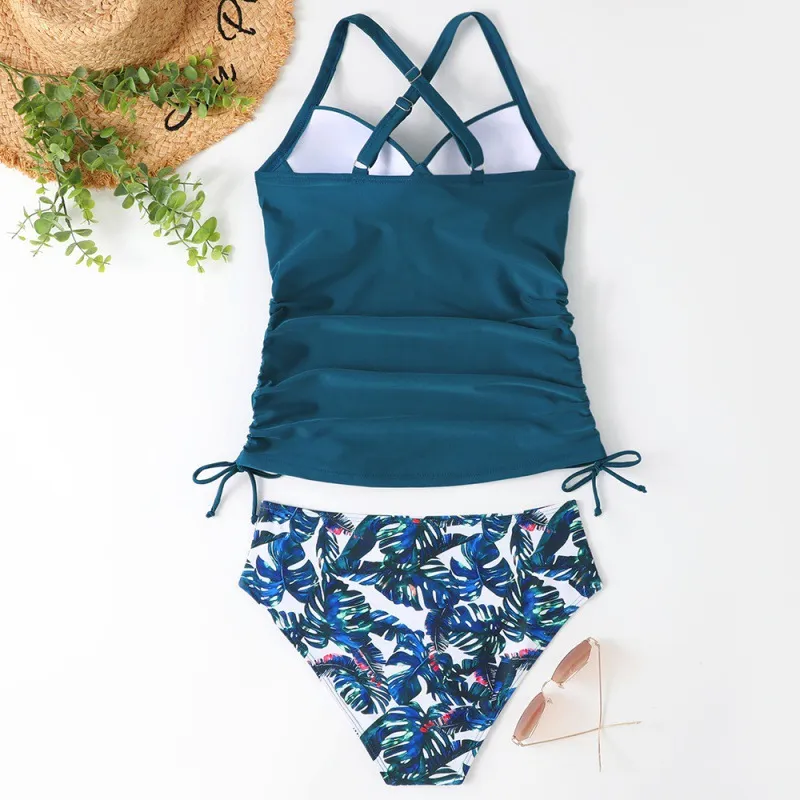 Women's Seperated Swimwear Solid Color Nylon Slim Fit Slim Looking Clothes - Green Leaves