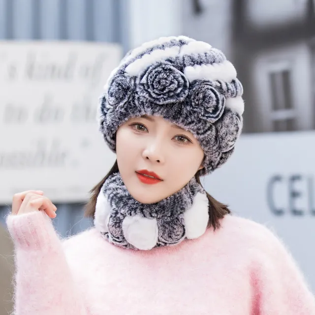 Winter Warm Rex Rabbit Fur Hat Scarf Suit Black Cream White - Shop at LoveMi