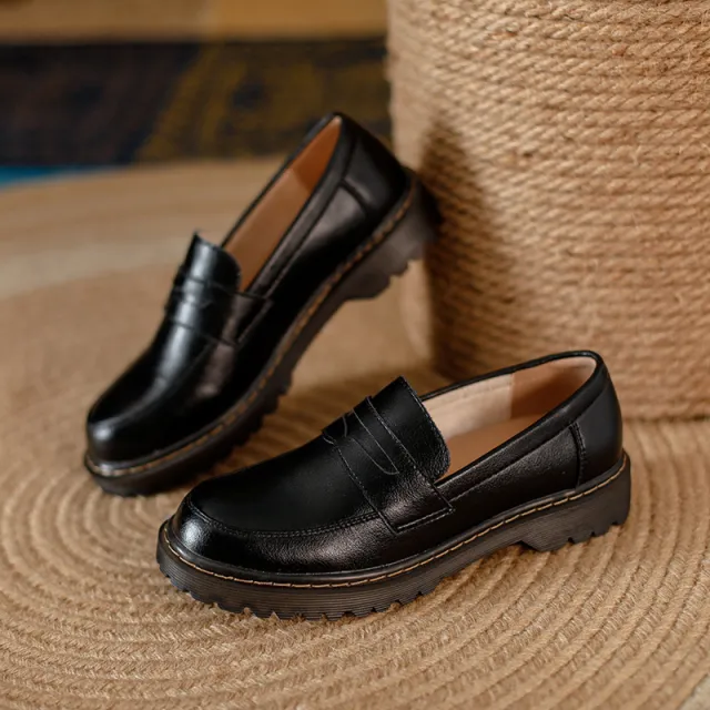 Round Head Thick Low Heel Leather Shoes Women Black - Shop at LoveMi