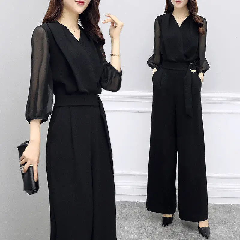 High-waisted Casual Black Three-quarter-sleeve Jumpsuit Set