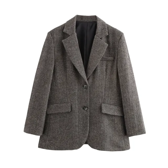 Autumn And Winter New Suit Coat Commute Minimalist Versatile Herringbone Pattern Wool containing Suit Jacket Gray - Shop at LoveMi