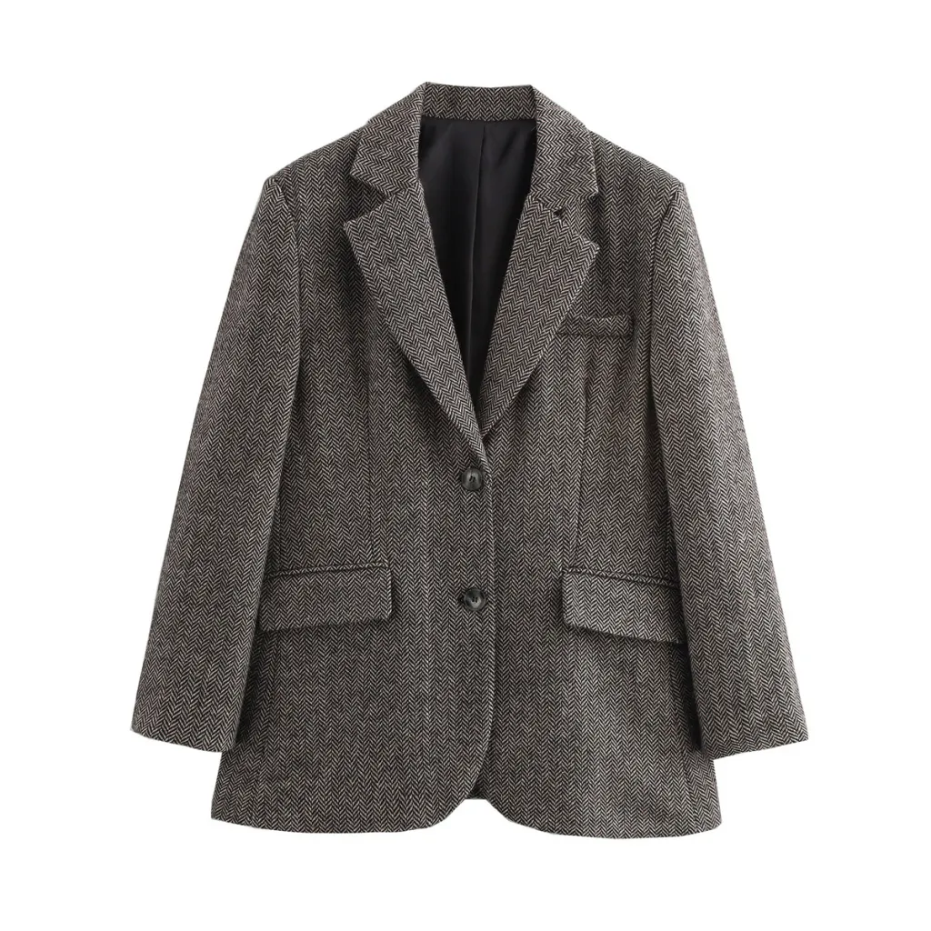 Autumn And Winter New Suit Coat Commute Minimalist Versatile Herringbone Pattern Wool-containing Suit Jacket - Gray