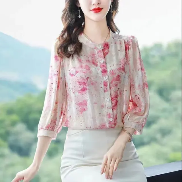 Floral Shirt Women's Three quarter Sleeve Summer New Loose Slimming Shirt Pink Premium Edition - Shop at LoveMi