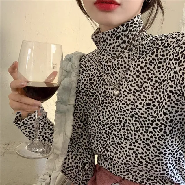 Leopard print Long sleeve Base Top Versatile High neck Inner Layer Black - Shop at LoveMi