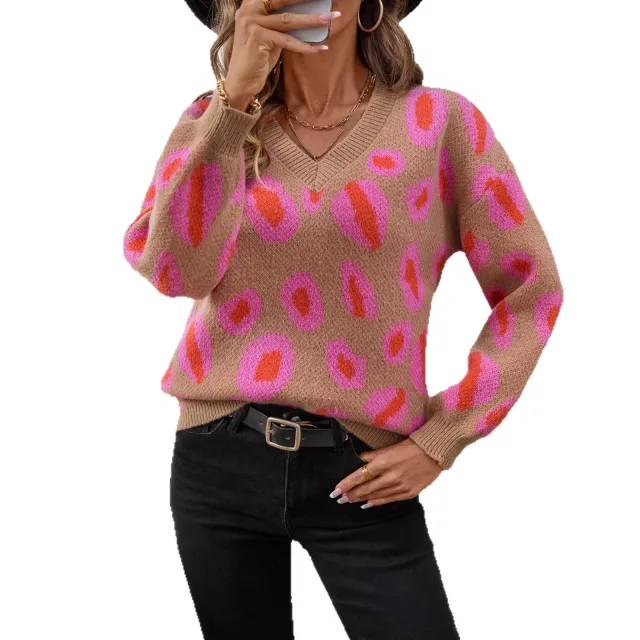 Women's Leopard Pattern Jacquard Knitted Sweater Rose Red - Shop at LoveMi