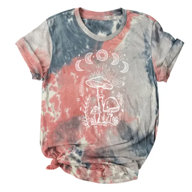 Tie dyed T shirt Female Star Sun Moon Mushroom Print Short Sleeve Gray And White - Shop at LoveMi