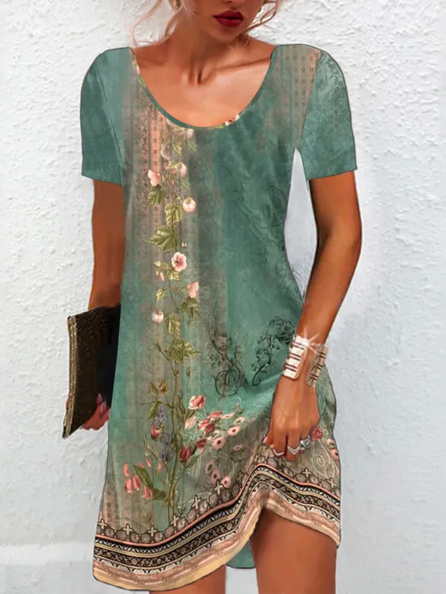 New Summer Floral Print Short Sleeve Dress For Europe And The US Green - Shop at LoveMi