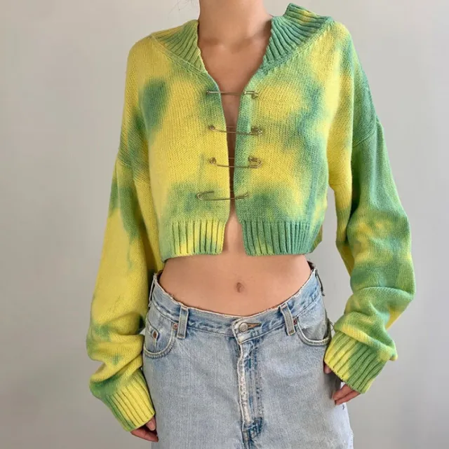 European And American Tie dye Pin Buckle Design Knitted Sweater Green - Shop at LoveMi