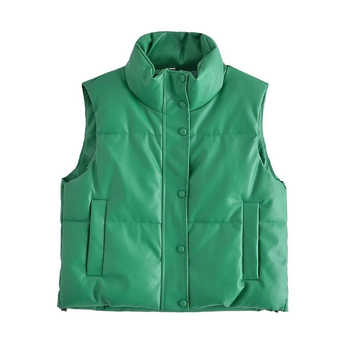 Polyester Cotton padded Jacket Vest Sleeveless Stand Collar Vest Top Green - Shop at LoveMi