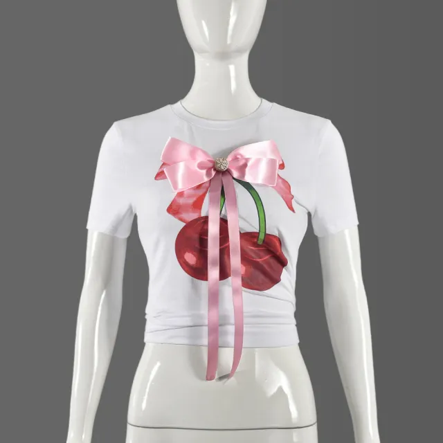Printed Round Neck Bowknot Three dimensional Decoration T shirt White - Shop at LoveMi