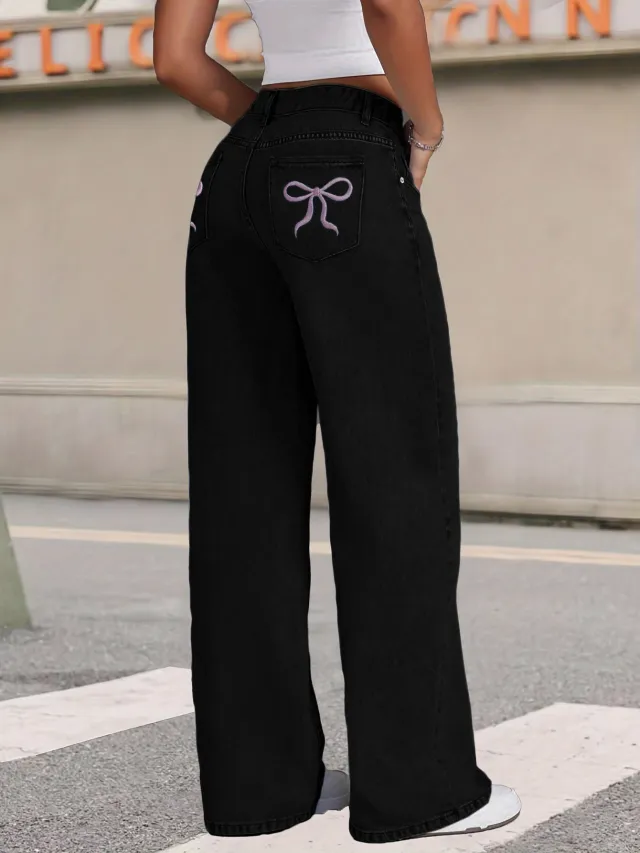 Bow knot Embroidered Trendy Loose fit Casual Jeans Black - Shop at LoveMi