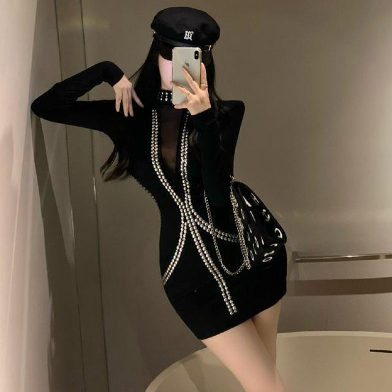 Sequin Hot Drilling Craft Stitching Yarn Long Sleeve Slim Fit Dress